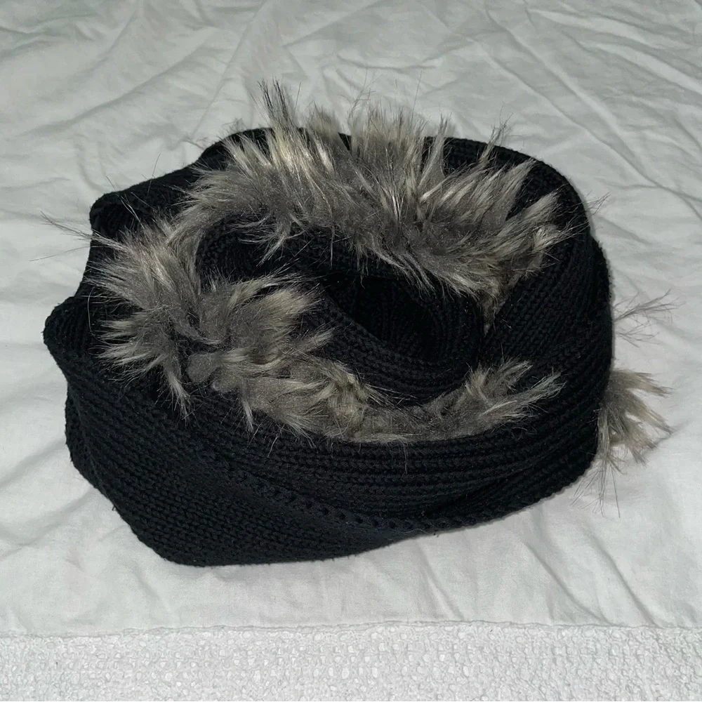 CAbi Black Knit Infinity Scarf with Gray Faux Fur Trim